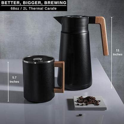 HASTINGS 68 Oz Pour Over Coffee Maker Set with Double Layer Reusable Stainless Steel Filter 8-Cup and Wood Handle - Dual Wall Heat Resistant Drip Coffee Brewer, Pour Over Coffee Dripper Carafe, Black