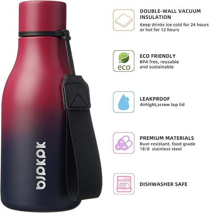 BJPKPK Insulated Water Bottles, 12oz Stainless Steel Metal Water Bottle with Strap, BPA Free Leak Proof Jugs, Mugs, Flasks, Reusable Thermal Flasks for Sports & Travel, Charming Black Red