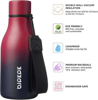 BJPKPK Insulated Water Bottles, 12oz Stainless Steel Metal Water Bottle with Strap, BPA Free Leak Proof Jugs, Mugs, Flasks, Reusable Thermal Flasks for Sports & Travel, Charming Black Red