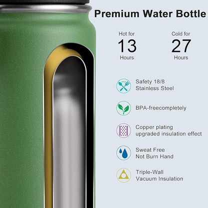 koodee 12 oz Water Bottle Stainless Steel Vacuum Insulated Wide Mouth Water Flask with Leakproof Spout Lid, Reusable Metal Water Bottle for Boys BPA Free(Grass Green)