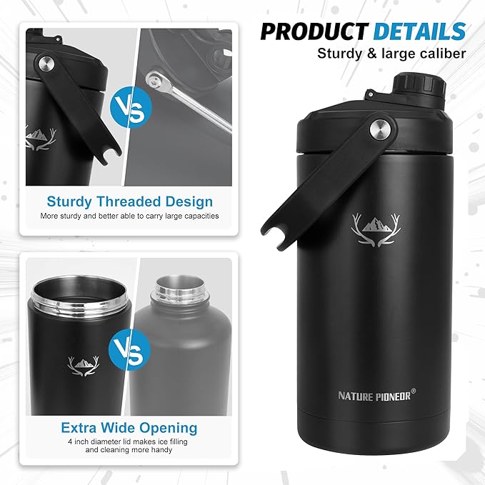 NATURE PIONEOR Insulated Water Bottles with Strap - 64 oz Stainless Steel Vacuum Wide Mouth Bottle with Holder/Carrier/Sleeve - 18/8 Food Grade 64oz Half Gallon Water Jug