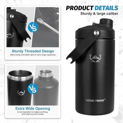 NATURE PIONEOR Insulated Water Bottles with Strap - 64 oz Stainless Steel Vacuum Wide Mouth Bottle with Holder/Carrier/Sleeve - 18/8 Food Grade 64oz Half Gallon Water Jug