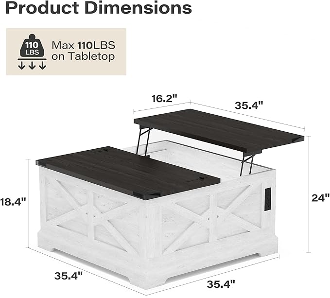 LAUSAINT HOME Farmhouse Lift-Top Coffee Table with Large Hidden Storage Compartment, Wood Square Center Table with Lifting Top for Living Room, Home Office, White