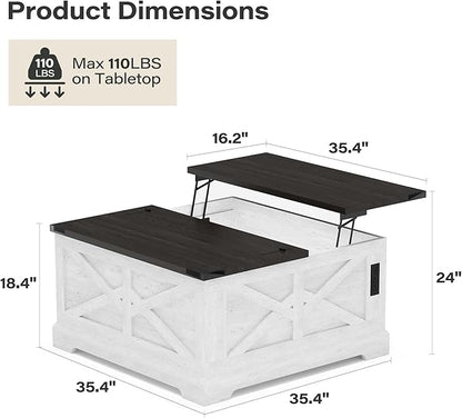 LAUSAINT HOME Farmhouse Lift-Top Coffee Table with Large Hidden Storage Compartment, Wood Square Center Table with Lifting Top for Living Room, Home Office, White