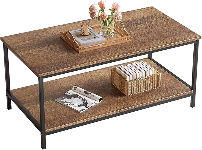 SAYGOER Coffee Table with Storage 2-Tier Industrial Center Table for Living Room, Rectangle Wood Table for Small Spaces Apartment Home Office, Walnut