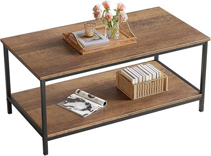SAYGOER Coffee Table with Storage 2-Tier Industrial Center Table for Living Room, Rectangle Wood Table for Small Spaces Apartment Home Office, Walnut