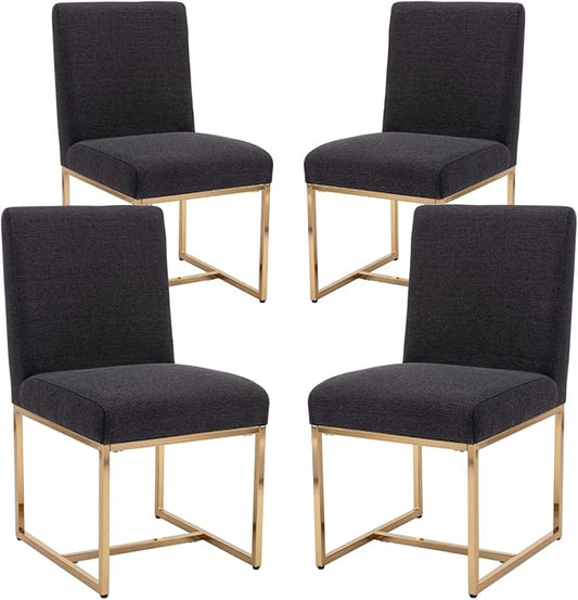 CIMOTA Black Modern Dining Chairs Set of 4, Upholstered Linen Dining Room Chairs Armless Side Chair with Gold Base for Kitchen, Charcoal Black, 4PCS