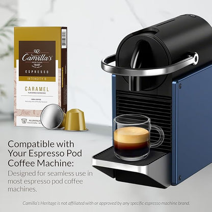 Camilla’s Heritage - Intensity 8 Caramel Flavored Espresso Coffee, Gourmet Espresso Cups, 60 Coffee Pods
