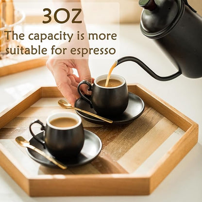 LYEOBOH Espresso Cups and Saucers Set, Ceramic Coffee Cup 3 Ounces Small Demitasse Cups Espresso Mugs with Spoons & Metal Stand for Cappuccino, Latte, Tea, Set of 6, Black