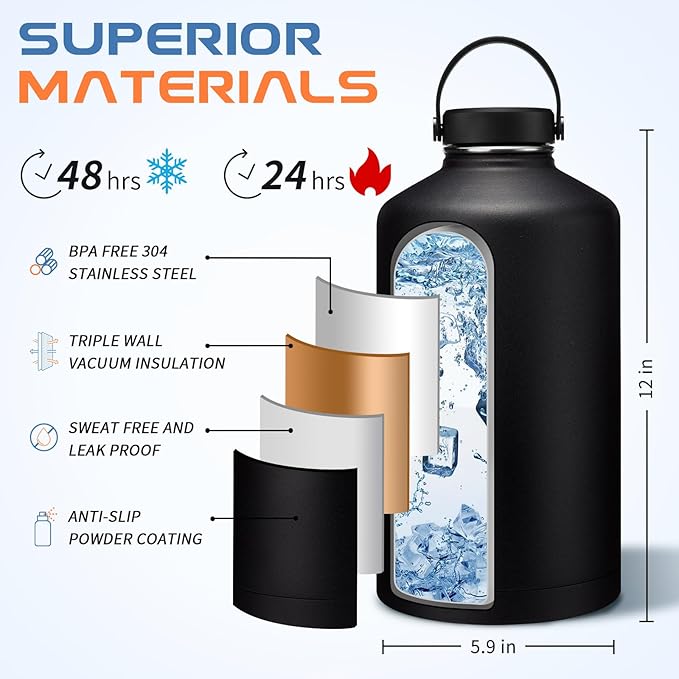 1 Gallon Insulated Water Jug w/ Straw - Double Wall Vacuum Insulated Black Water Bottles 128 oz, Gallon Water Bottle w/Paracord Handle, Protective Boot, Water Bottle w/ Strap Gym Work Travel