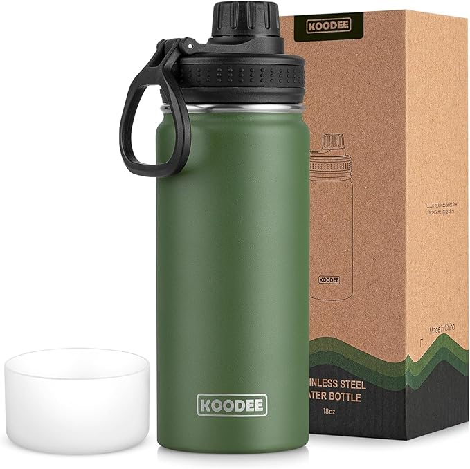 koodee Insulated Water Bottle, 18 oz Stainless Steel Double Wall Vacuum Wide Mouth Sport Bottle with Leakproof Spout Lid (Grass Green)