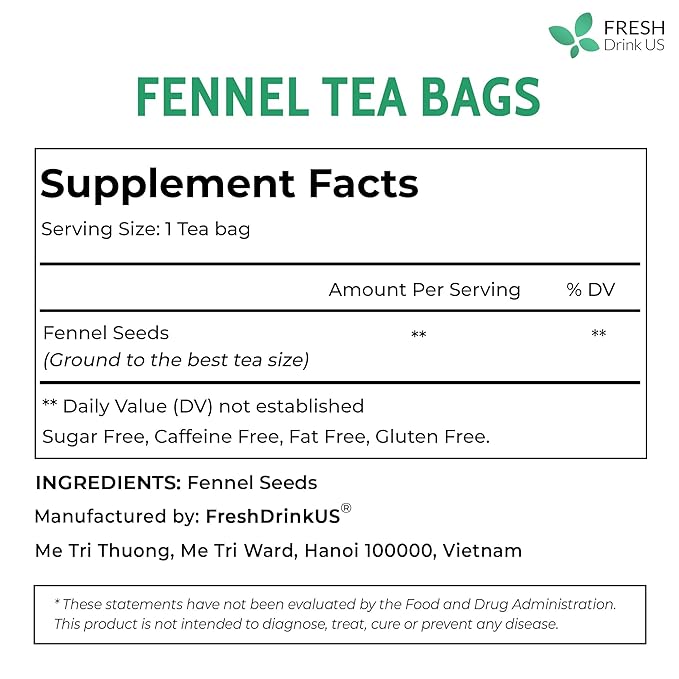 FreshDrinkUS, Premium 135 Fennel Tea Bags, 100% Natural & Pure from Fennel Seeds. Made with Natural Material Tea Bags. No Sugar, No Caffeine, No Gluten, Vegan.