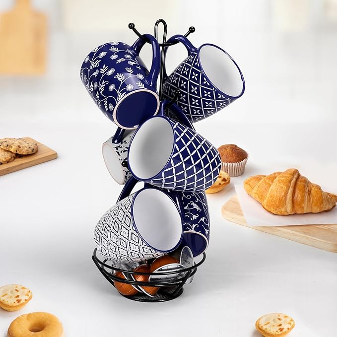 Schliersee 18 OZ Large Coffee Mugs Set of 6, Ceramic Mug for Man Woman, Blue White Geometric Floral Porcelain Cup for Latte, Hot Tea, Cappuccino, Mocha, Cocoa, Housewarming Wedding Mug Present