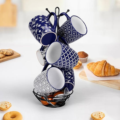 Schliersee 18 OZ Large Coffee Mugs Set of 6, Ceramic Mug for Man Woman, Blue White Geometric Floral Porcelain Cup for Latte, Hot Tea, Cappuccino, Mocha, Cocoa, Housewarming Wedding Mug Present