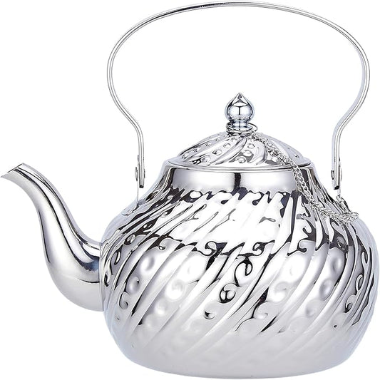 SANQIAHOME 2000ml stainless steel antique style teapot,with Infuser, thickened boiling kettle, lifting handle,Silver