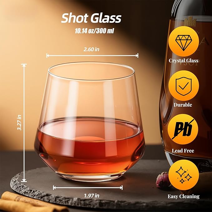 KAMMAK Classic Whiskey Glass 10.14 oz (300 ml), Thick Base Tumbler with Delicate Rim & Seamless Design, Heavy Duty Lead-Free Crystal Glass for Old Fashioned, Scotch, Bourbon