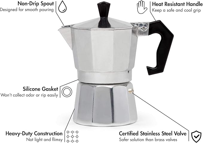 Primula Classic Stovetop Espresso and Coffee Maker, Moka Pot for Italian and Cuban Café Brewing, Greca Coffee Maker, Cafeteras, 3 Espresso Cups, Silver