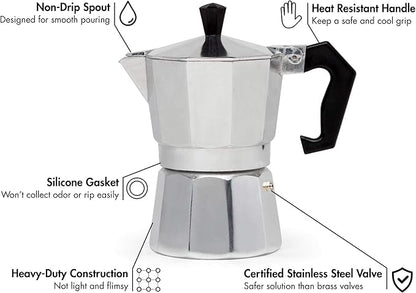 Primula Classic Stovetop Espresso and Coffee Maker, Moka Pot for Italian and Cuban Café Brewing, Greca Coffee Maker, Cafeteras, 3 Espresso Cups, Silver