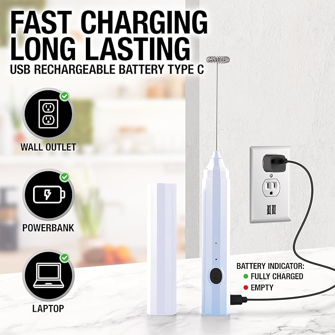 Zulay Froth N Go Milk Frother Rechargeable - 3-in-1 Frother Wand With Case & USB-C Charger - Comes With 3 Whisk Attachments for Latte, Cappuccino, Matcha, Protein Shakes - Cloud