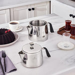Load image into Gallery viewer, Karaca Fiona Stainless Steel Turkish Teapot Set XL, 1L Tea Pot &amp; 2L Water Tank (Kettle), Stove Top/Induction Compatible, Elegant Silver Design, Easy to Clean, Non-Flammable Handles