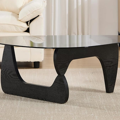 Modern Noguchi Coffee Table, Triangle Coffee Table with Tempered Glass Modern Vintage Glass Tea Table Wood Glass Accent Center Table for Living Room, 44.5”x32”x16.5”, Black Grey