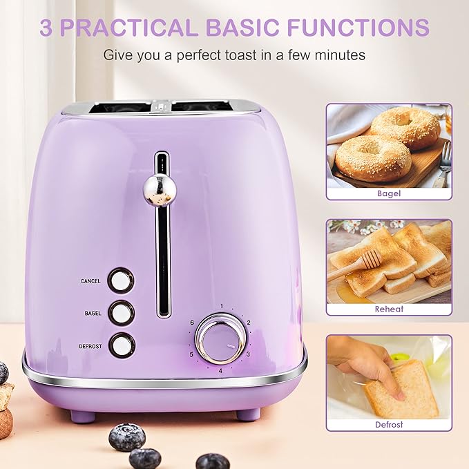 Roter Mond 2 Slice Toaster Retro Stainless Steel with Bagel, Cancel, and Defrost Functions, 6 Bread Shade Settings, Extra Wide Slots and Removable Crumb Tray, Lavender-Purple