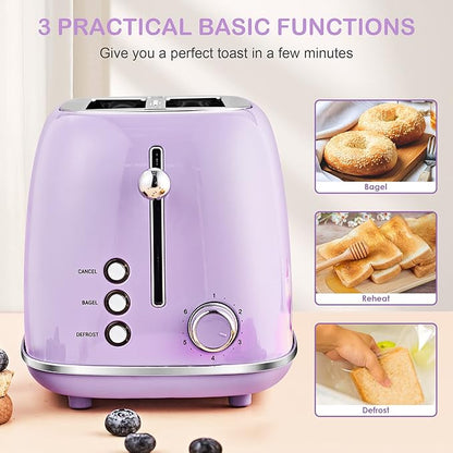 Roter Mond 2 Slice Toaster Retro Stainless Steel with Bagel, Cancel, and Defrost Functions, 6 Bread Shade Settings, Extra Wide Slots and Removable Crumb Tray, Lavender-Purple