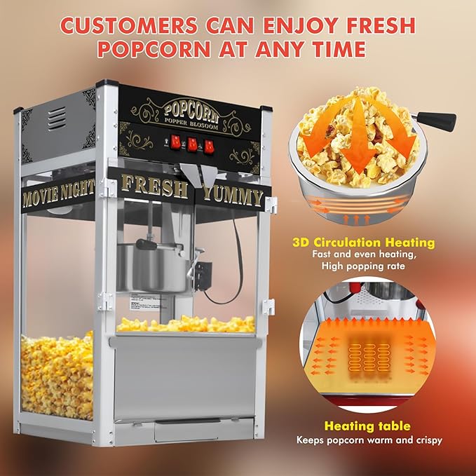 Commercial Popcorn Machine with Cart, Wheels & 20 Oz Kettle, Popcorn Maker Machine Vintage Style Movie Theater Popcorn Popper Machine for Parties, Events, Commercial, and Home Theater