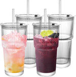 Load image into Gallery viewer, Ribbed Drinking Glasses,with Lids and Straws Glass Cup,19oz Glass cup,4 Pack Old Fashioned Glasses,Thickened for iced coffees,cocktails and juices, perfect for families and parties (4)