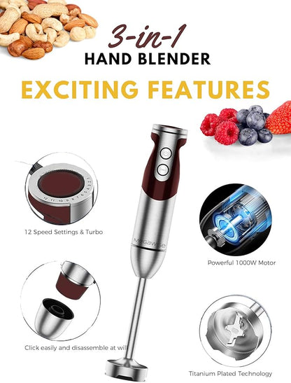 Megawise 3-in-1 Hand Blender – 12-Speed, Includes Powerful Blender Stick, Whisk, and Milk Frother – Easy to Clean and Perfect for Smoothies, and More (Red)