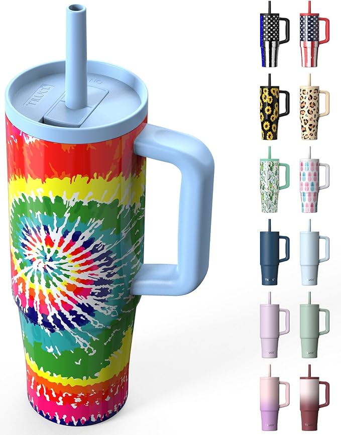 TILUCK 30 oz Tumbler with Handle, Vacuum Insulated Stainless Steel Travel Mug with 100% Leak-Proof Silicone Straw Lid, Cupholder Friendly Water Bottle(RotatingRainbow, 30oz)