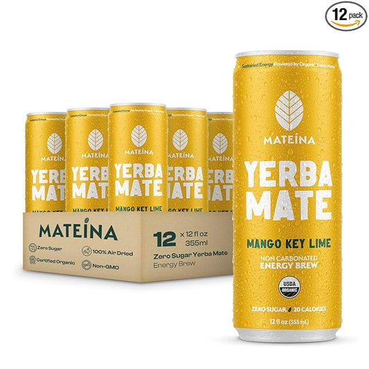 Mateina Yerba Mate Zero Sugar Energy Drink – 120mg Natural Caffeine – Organic, Non-GMO, Non-Carbonated – Dr. Andrew Huberman Recommended – 12 Pack (12oz Cans) (12 Pack, Mango Key Lime)