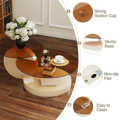 42 Inch Glass Coffee Table，Round Coffee Table with 2-Tier Tempered Glass Tabletop，Easy to Clean Circle Coffee Table with Sturdy Base for Living Room，Office （ Cream White Colored Base）