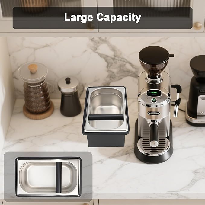 Espresso Knock Box, Coffee Knock Box for Espresso Grounds Disposal, Large Capacity, Equipped with Noise, Reduction Rubber Ring & Steel Holder, Ideal Tool for Espresso Machines, Black (Large)
