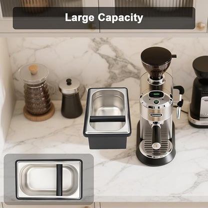 Espresso Knock Box, Coffee Knock Box for Espresso Grounds Disposal, Large Capacity, Equipped with Noise, Reduction Rubber Ring & Steel Holder, Ideal Tool for Espresso Machines, Black (Large)