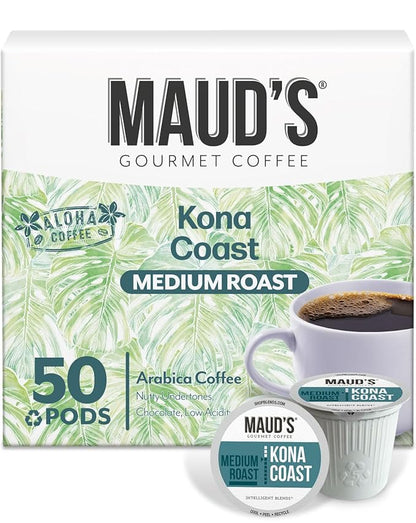 Maud's Kona Coffee Pods, 50ct, Medium Roast Coffee in Recyclable Single Serve Pods – 100% Arabica Coffee, Compatible with Keurig K Cups Maker