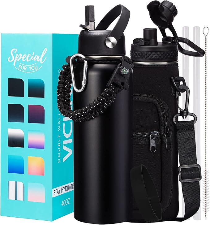 Water Bottle with Straw - 40 oz Stainless Steel Water Bottles, Big Water Jug Vacuum Insulated Waterbottle with Paracord Handle, Straw/Auto Spout Lid, Strap Sleeve, Metal Reusable Water Bottle Black