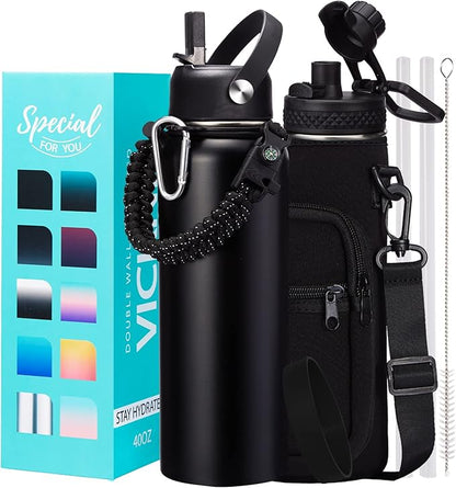 Water Bottle with Straw - 40 oz Stainless Steel Water Bottles, Big Water Jug Vacuum Insulated Waterbottle with Paracord Handle, Straw/Auto Spout Lid, Strap Sleeve, Metal Reusable Water Bottle Black