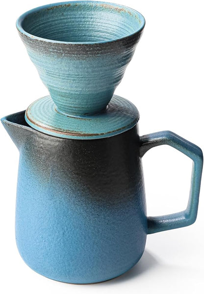 Pour Over Coffee Maker, Blue Ceramic Coffee Dripper 20oz/620ml, with 50 pcs V60 Paper Filter, Drip Coffee Brewer for Home & Café Enthusiasts, Vintage-Style