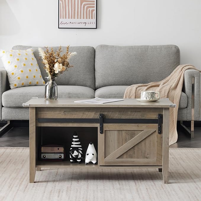 VINGLI Rustic Grey Lift Top Coffee Table, 36" Small Farmhouse Barn Door Coffee Table with Storage, Rectangular Center Coffe Table with Lifting Top, Lift Up Living Room Tables with Hidden Compartment