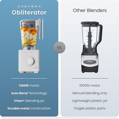 Chefman Obliterator 48 oz Countertop Blender for Smoothies, 1380W Motor to Crush Ice, Nuts, and Frozen Fruit with Stainless Steel Blade, Auto Blend Function, Includes 20 oz Travel Jar