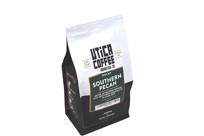 Utica Coffee Roasting Co. Decaf Southern Pecan | Specialty Flavored Medium Roast Ground Coffee | 16 Oz Reclosable Bag