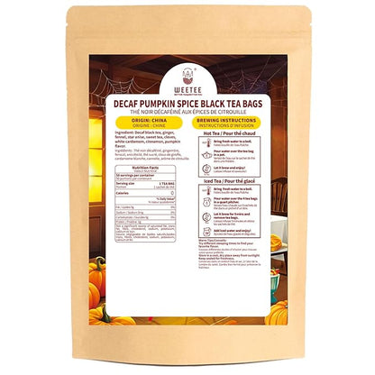 WT WEETEE Decaf Pumpkin Spice Tea, 50 Count Decaffeinated Black Tea Bags with Pumpkin Spice Chai Flavor, Warm, Spicy & Aromatic, Holiday and Fall | Halloween Tea