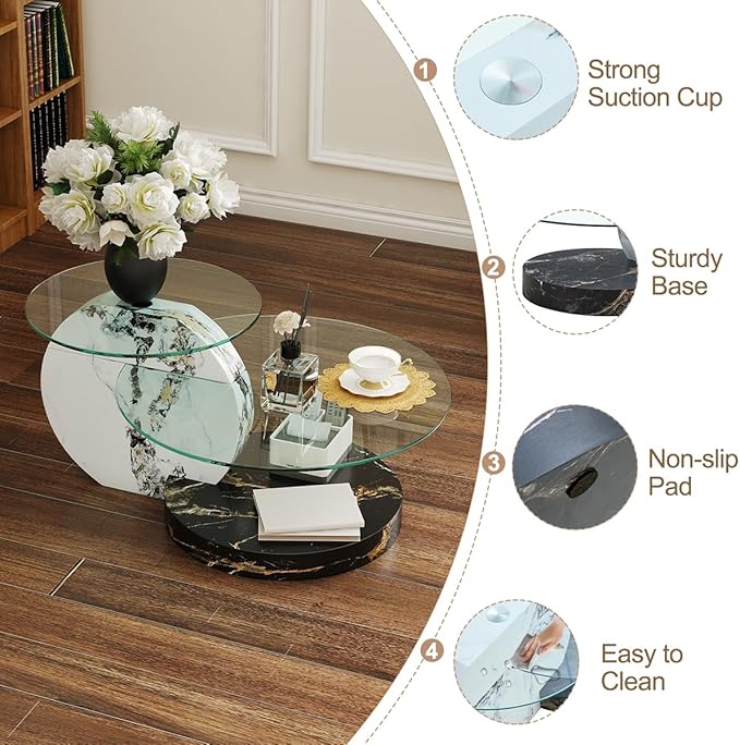 35 Inch Glass Coffee Table，Round Coffee Table with 2-Tier Tempered Glass Tabletop，Easy to Clean Circle Coffee Table with Sturdy Base for Living Room，Office (White & Black Marble Colored Base)
