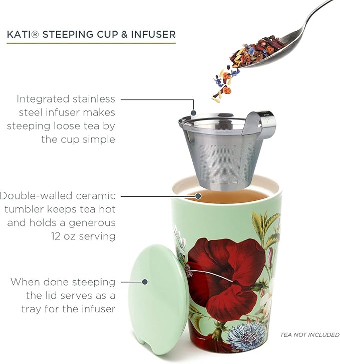 Tea Forte Fleur Double-Walled Ceramic Kati Cup with Removable Stainless Steel Infuser Basket and Lid, Steeps 12 oz Loose Leaf Tea, Lid and Cup Dishwasher & Microwave Safe