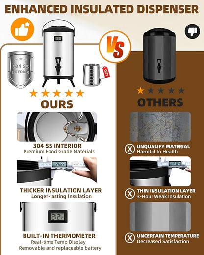 Insulated Beverage Dispenser 3 Gallon, Hot Water Dispenser with Stainless Steel Interior, Large Carafe Hot Coffee Dispenser for Parties, Catering, Drink Dispenser for Tea Milk, Silver, Non-electric