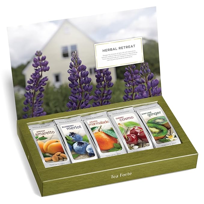 Tea Forte Single Steeps Loose Leaf Herbal Retreat Premium Tea Sampler 15 Count 3 of Each Assorted Blends, Pre-Portioned Single Serve Pouches, Steeps 12 oz