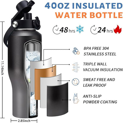 40 oz Insulated Water Bottle Fit in Car Cup Holder - 40oz Metal Water Bottle with Straw & Auto Spout Lids, Paracord Handle, Carrier Bag & Water Flask Boot, Travel Tumbler Cup Keep Cold-48h Hot-24h
