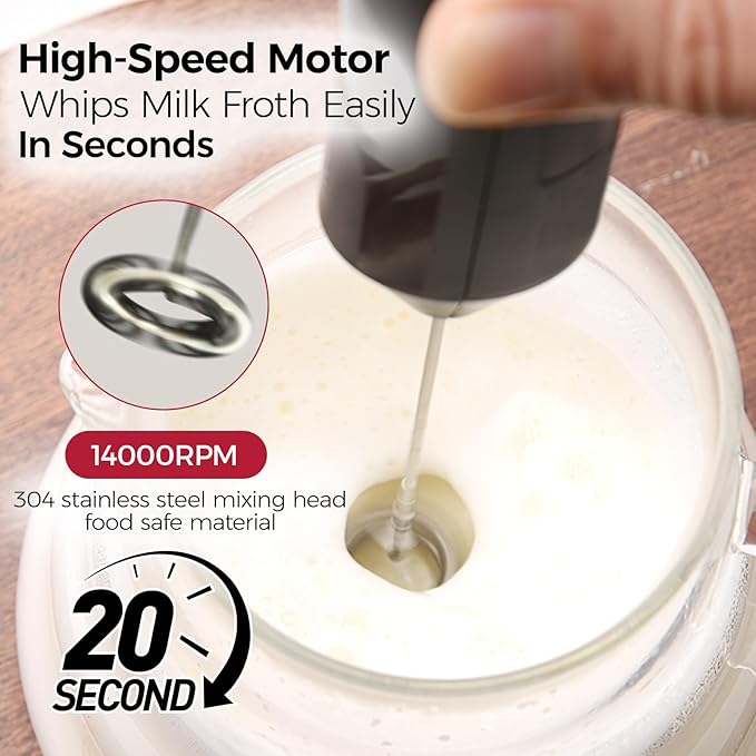 YARRAMATE Electric Milk Frother Wand, Fast Battery Operated Coffee Mixer, Handheld Drink Stirrer, Whisk Foam Maker for Lattes, Cappuccino, Matcha, Hot Chocolate (Black)