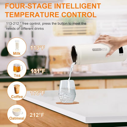 Travel Tea Kettle（110V）, Portable Electric Kettle, 316 Stainless Steel Premium Liner, 4-speed Temperature Adjustment with Auto Shut-off and Boil-Off Protection,White.